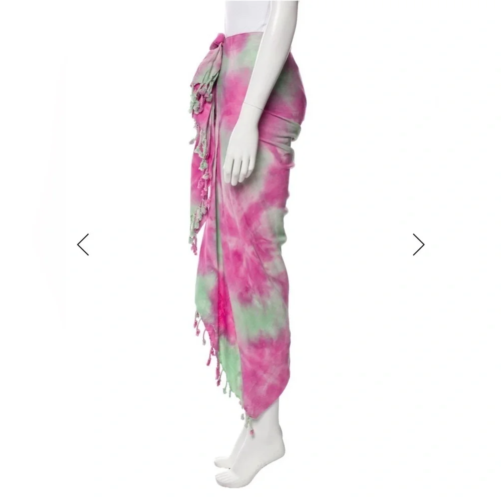 Just Bee Queen Tie Dye Sarong Skirt XS Pink Green Fringe Wrap